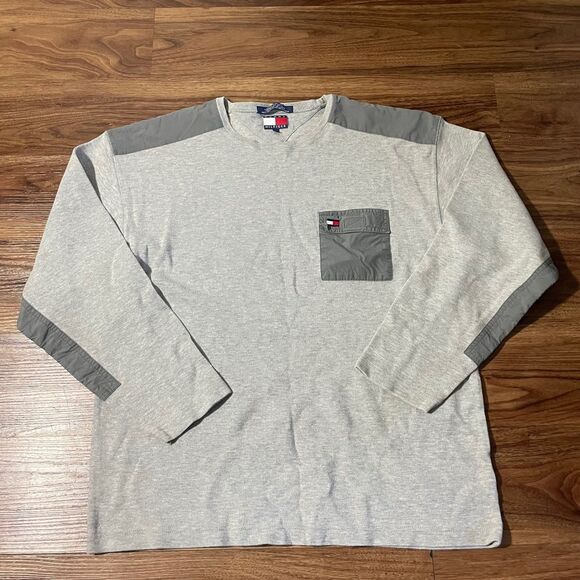 Tommy Hilfiger Sweater Mens Large Gray Cotton Crew Neck Should Elbow Patches - Picture 1 of 8